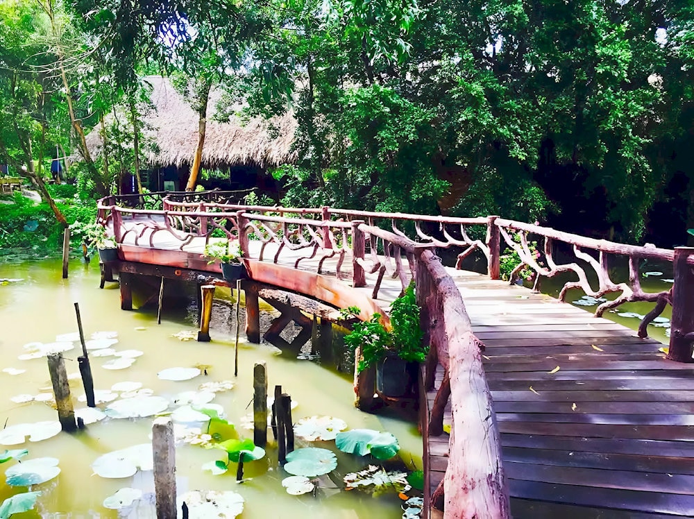 Cầu gỗ bắc ngang con rạch giúp du khách đi bộ khám phá rừng tràm thuận tiện